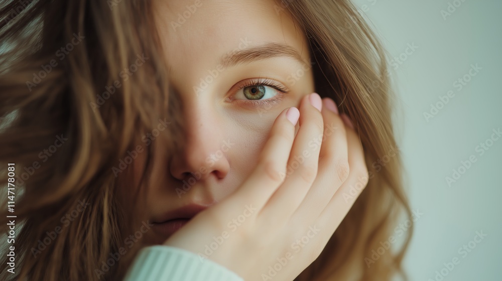 Young woman touches her face with a thoughtful expression in a softly lit indoor setting. Young woman touches her face with a thoughtful expression in a softly lit indoor setting.