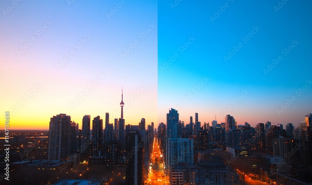 Fototapeta premium Sunrise and Sunset Divided City Skyline.