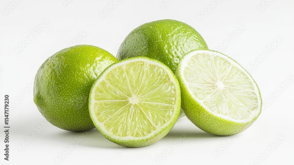 Three whole limes and two lime halves on white background. Three whole limes and two lime halves on white background.
