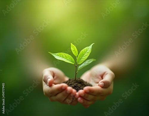 A small green sapling growing in soil held by two hands, symbolizing care for the environment.