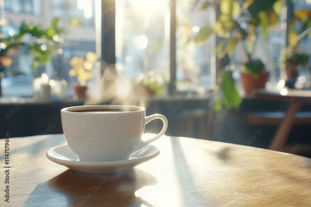 Steaming coffee cup on wooden table in sunny cafe. Steaming coffee cup on wooden table in sunny cafe.
