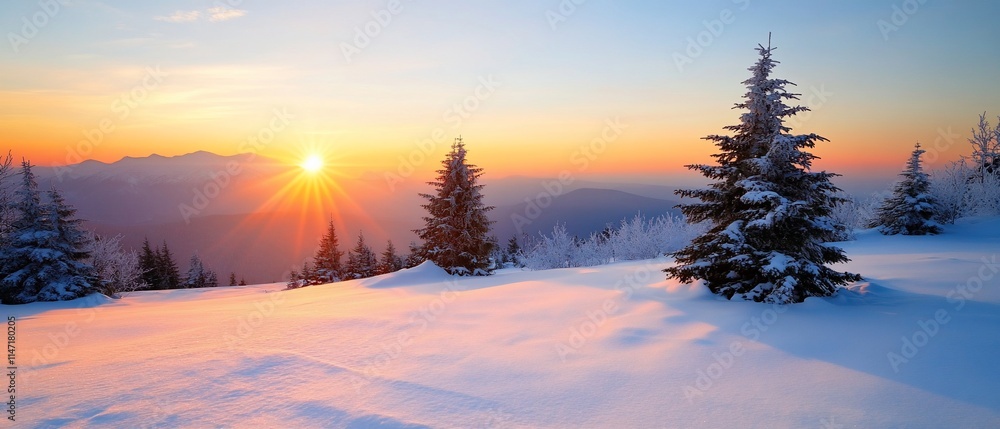 Snowy mountain sunset with snow-covered fir trees. Snowy mountain sunset with snow-covered fir trees.
