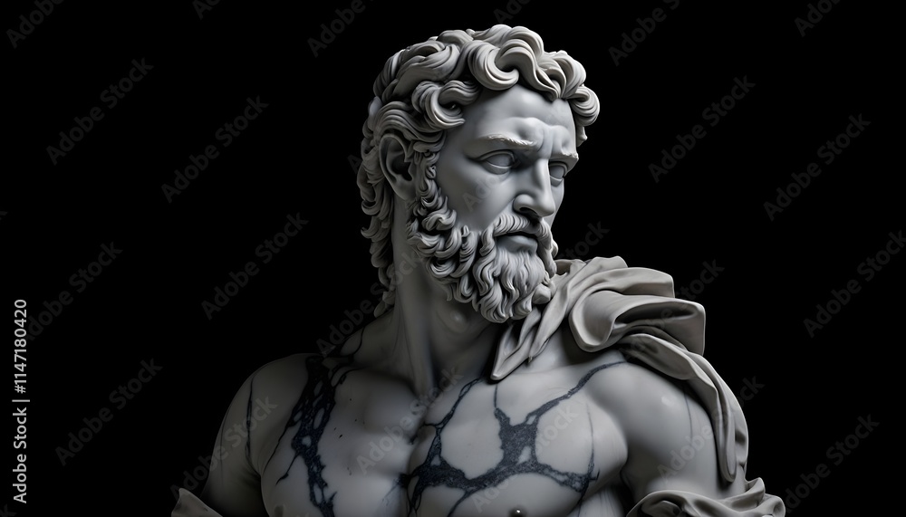 Classic marble sculpture of a muscular figure in a relaxed pose with intricate drapery and expression, roman scholar statue close up portrait on plain black background Classic marble sculpture of a muscular figure in a relaxed pose with intricate drapery and expression, roman scholar statue close up portrait on plain black background