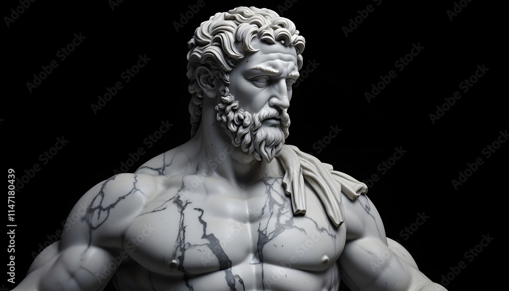 Classic marble sculpture of a muscular figure in a relaxed pose with intricate drapery and expression, roman scholar statue close up portrait on plain black background Classic marble sculpture of a muscular figure in a relaxed pose with intricate drapery and expression, roman scholar statue close up portrait on plain black background
