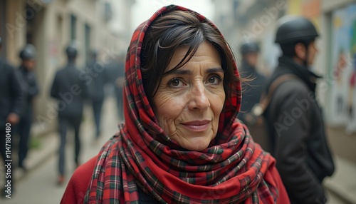 Woman with a red scarf observes her surroundings in a bustling street during a hazy afternoon