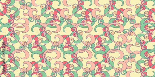A vibrant and playful paisley pattern with swirling shapes and organic forms in a cheerful palette of colors. Vector background featuring a dynamic and energetic design.