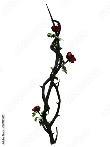 3D rendered dark fantasy branch with thorns and red roses isolated on transparent background