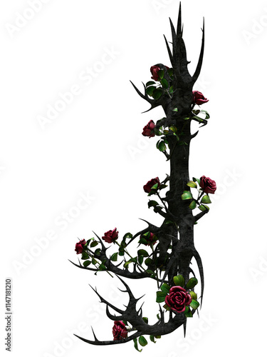 3D rendered dark fantasy branch with thorns and red roses isolated on transparent background
