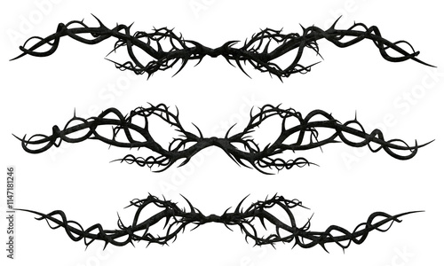 3D rendered dark fantasy branch with thorns isolated on transparent background