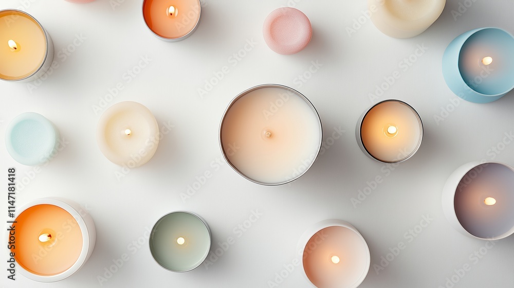 Numerous candles arranged aesthetically on a white surface, creating a warm and inviting atmosphere. Numerous candles arranged aesthetically on a white surface, creating a warm and inviting atmosphere.