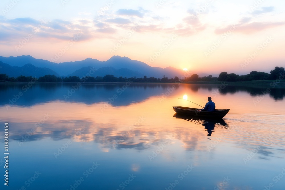 Serene sunrise over calm lake with lone fisherman in small boat. Serene sunrise over calm lake with lone fisherman in small boat.