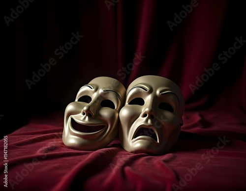 Comedy and tragedy theater masks on a dark red background.