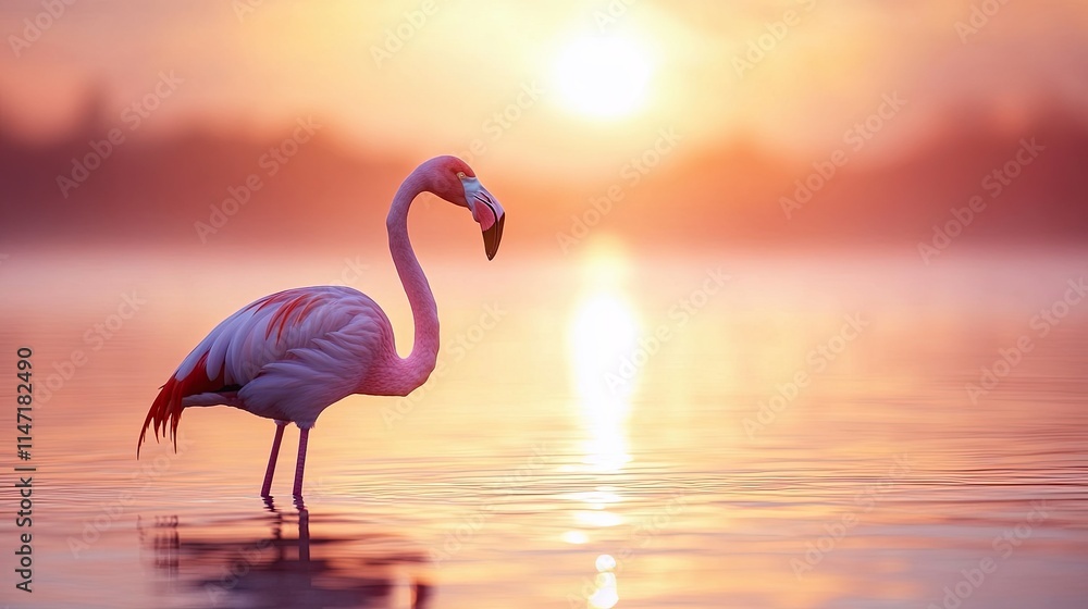 Fototapeta premium Single flamingo standing in a tranquil lagoon at sunset, animal outdoor background