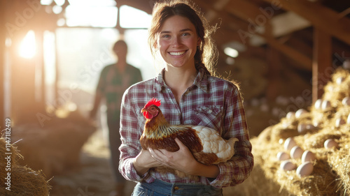 Female farmer in plaid shirt and jeans holding a healthy hen while smiling proudly, standing in a sunlit barn filled with nests of eggs. 