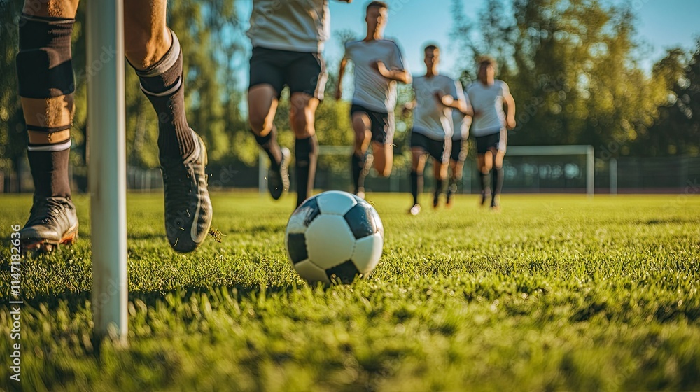 Fototapeta premium Soccer Players Running With Balls in Between Training Poles. Football Practice Session for Youth Sports Club