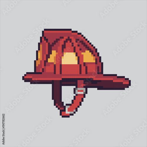 Pixel art illustration Firefighter Helmet. Pixelated Fire Helmet. Red Firefighter Helmet icon pixelated for the pixel art game and icon for website and video game. old school retro.