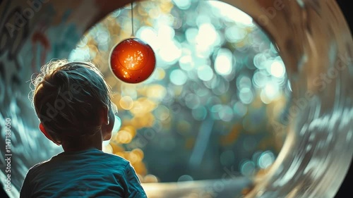 A curious child watches as a ball disappears through a hole in the tunnel wall only to reappear a moment later on the other side. photo