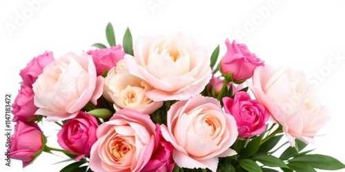 A vibrant bouquet of pink peonies and roses isolated on a white background with plenty of copy space, fresh, botanical