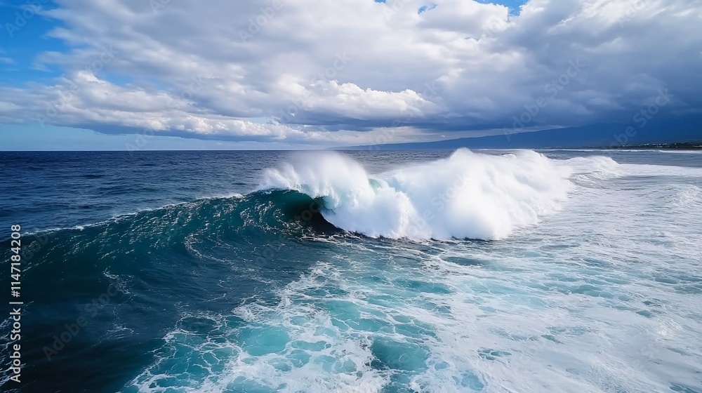 Fototapeta premium Powerful ocean waves crashing on shore under dramatic sky.