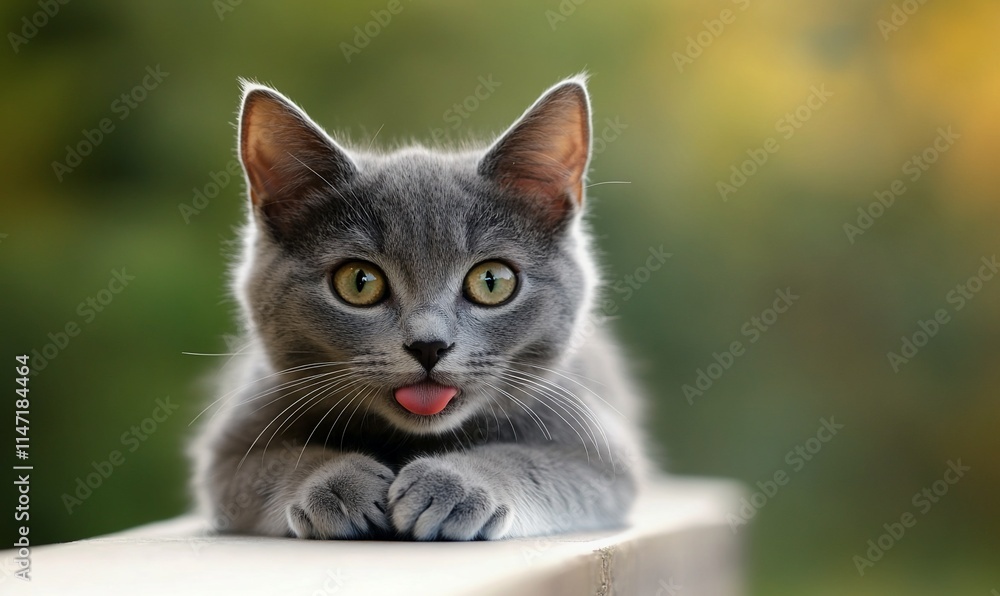 Playful grey kitten with tongue out, resting on a ledge. Playful grey kitten with tongue out, resting on a ledge.