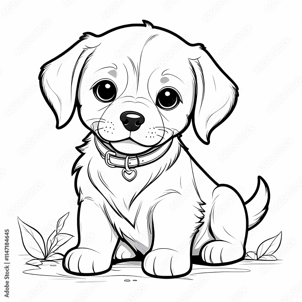 Fototapeta premium Cute cartoon puppy sitting on the grass. Black and white illustration.