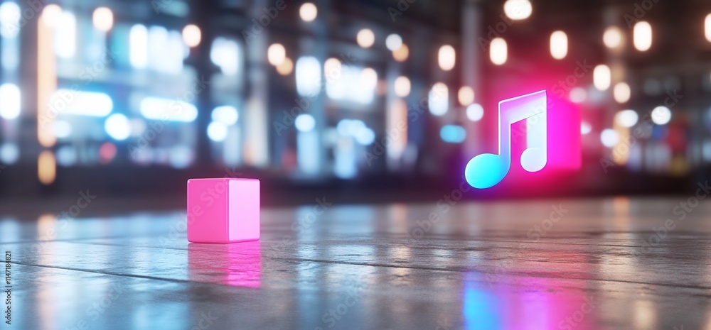 Pink cube and neon music note on reflective surface. Pink cube and neon music note on reflective surface.