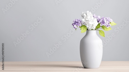 Wallpaper Mural White vase with lilac and hydrangea flowers on wooden table against gray background. Torontodigital.ca