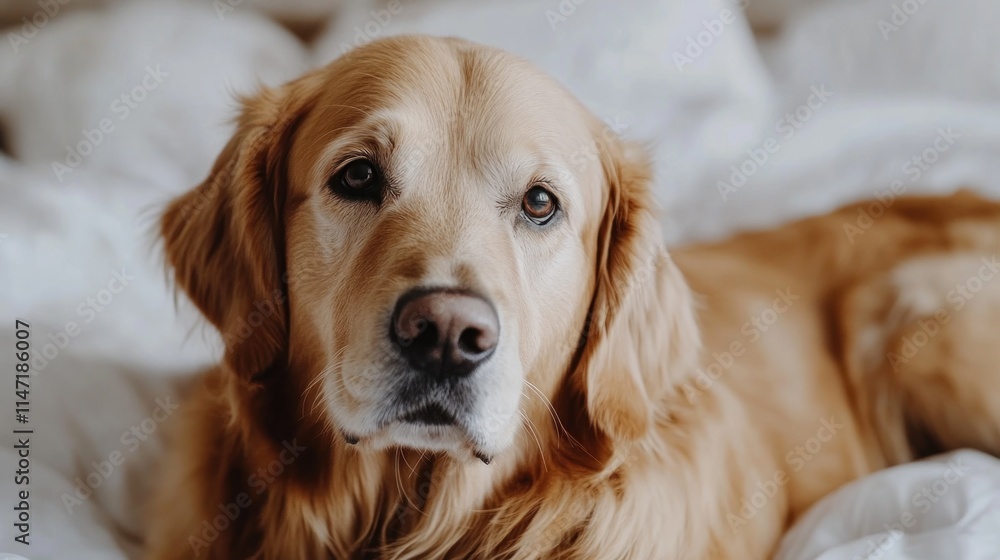 Golden Retriever dog lying on white bedding. Golden Retriever dog lying on white bedding.