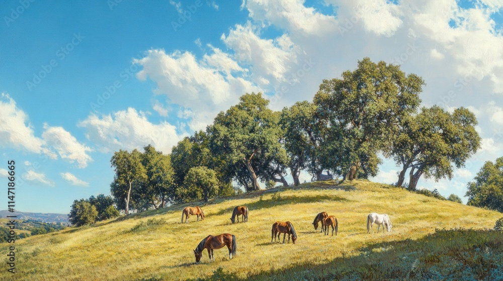 Obraz premium Horses grazing on a sunny hillside pasture under a blue sky.