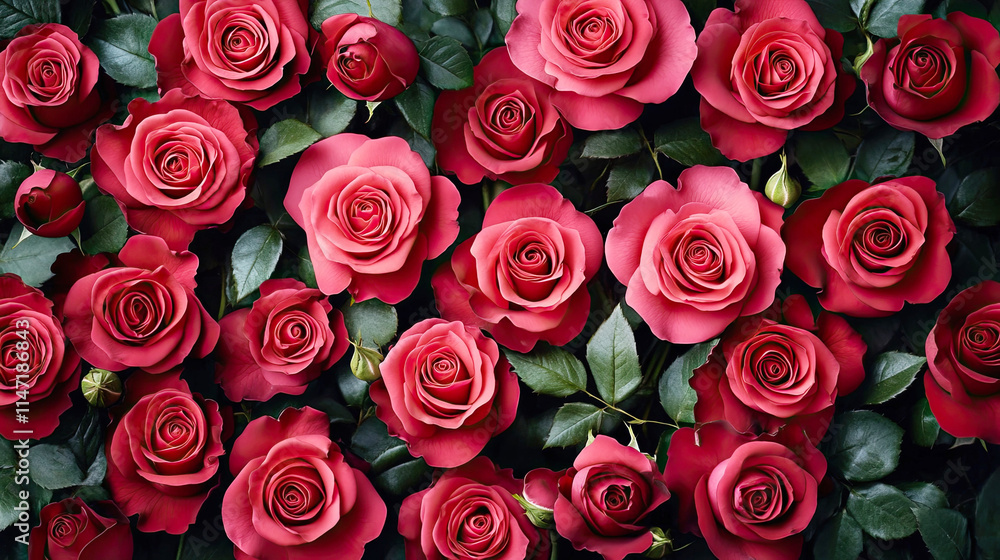 Obraz premium Red Roses Background, top view, Valentine's Day concept