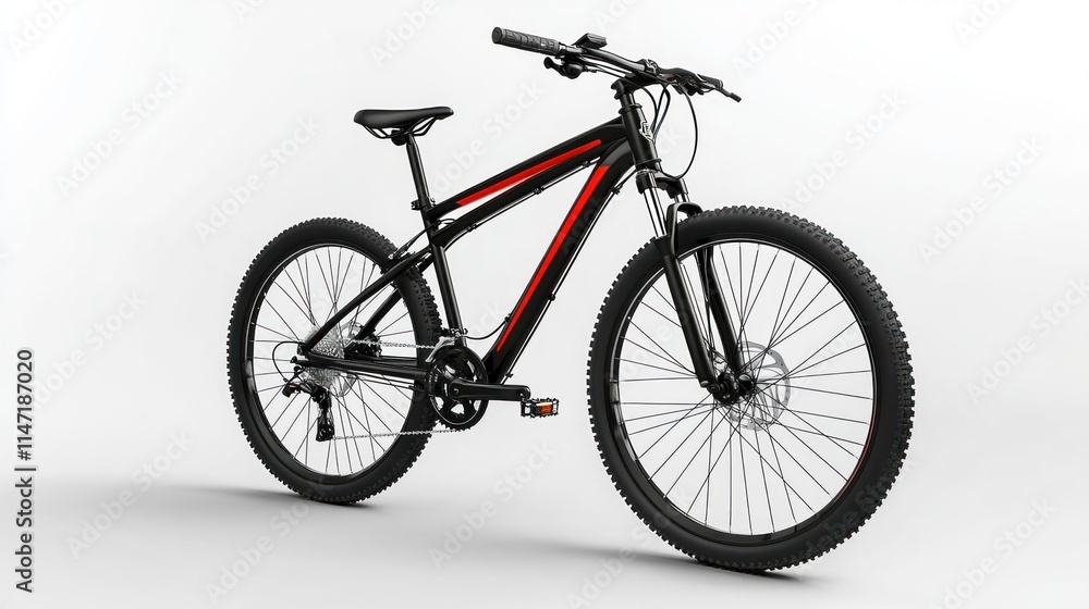 Fototapeta premium Black mountain bike with red accents on white background.