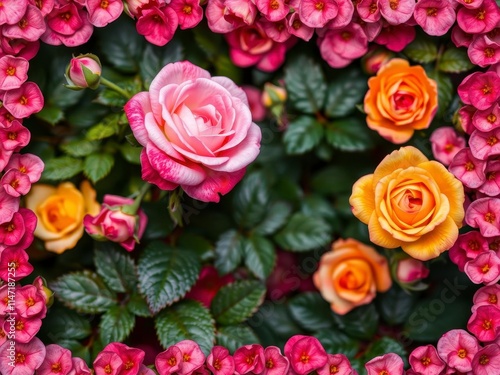 Rose flower with lush green leaves creating a beautiful natural frame, decorative, Rose