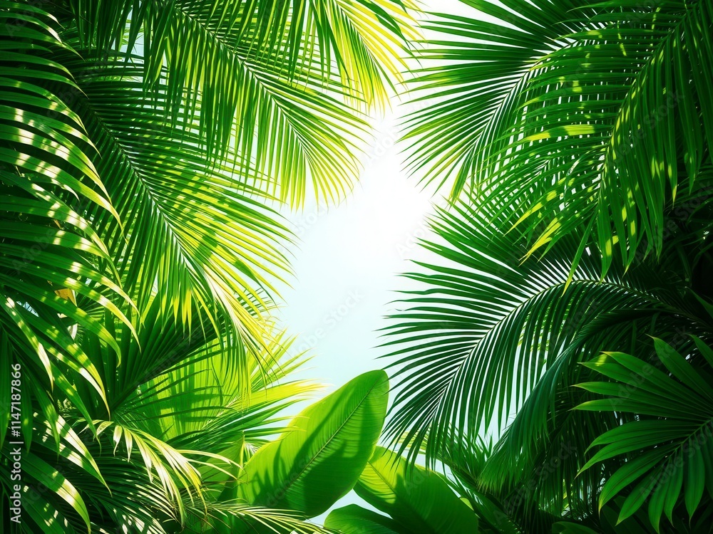 Vibrant green tropical palm leaves against a blue sky background, tropical leaves, palm leaves Vibrant green tropical palm leaves against a blue sky background, tropical leaves, palm leaves