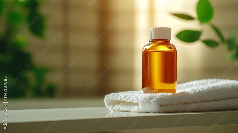 Amber Bottle of Foot Balm on White Towel. Generative AI Amber Bottle of Foot Balm on White Towel. Generative AI