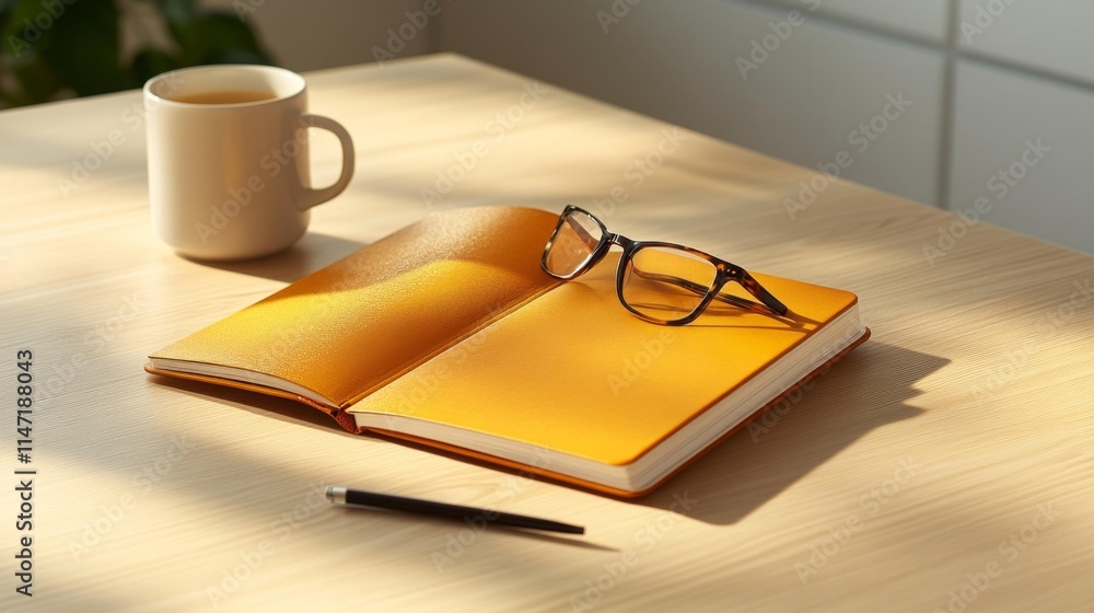 Daily Planner and Reading Glasses on a Wooden Table. Generative AI Daily Planner and Reading Glasses on a Wooden Table. Generative AI