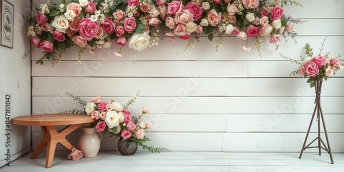 Vintage style artificial flower wall background perfect for adding a touch of elegance to your photoshoots or events, events, pastel, vintage