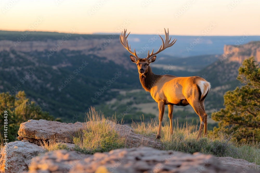 Fototapeta premium Majestic elk at sunset on a rocky cliff overlooking a vast canyon.