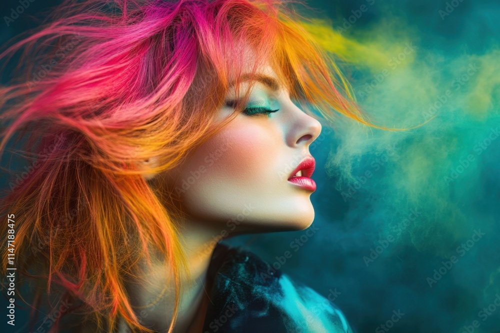 Vibrant Woman with Colorful Hair and Smoky Background Vibrant Woman with Colorful Hair and Smoky Background