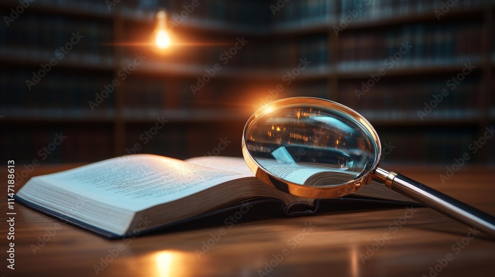 Library and magnifying glass on an open book. Generative AI Library and magnifying glass on an open book. Generative AI