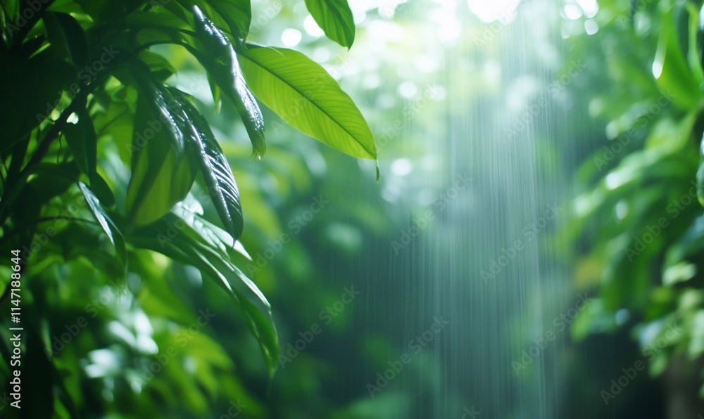 Obraz premium Lush green foliage in gentle rain.