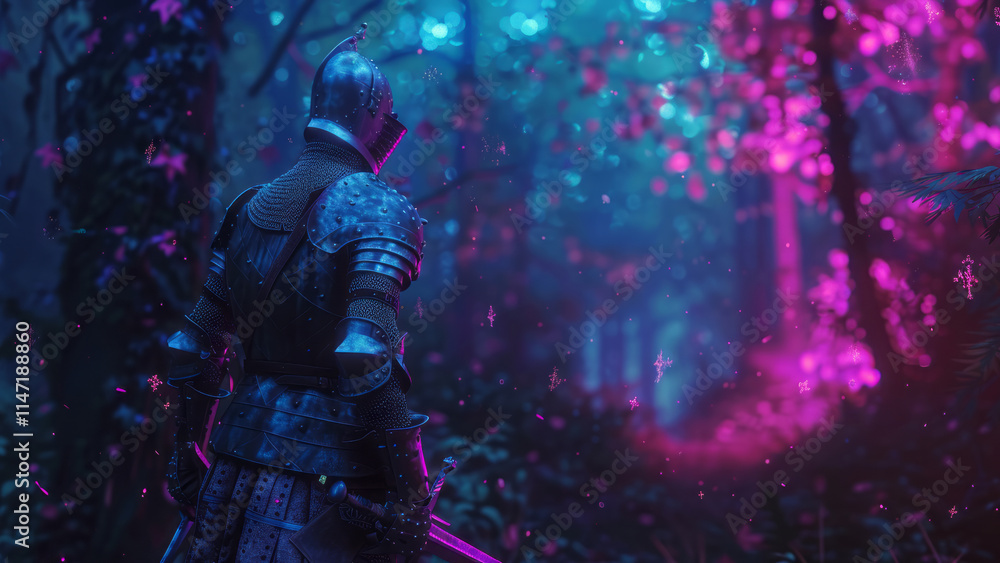 Medieval Knight in Neon Enchanted Forest Medieval Knight in Neon Enchanted Forest