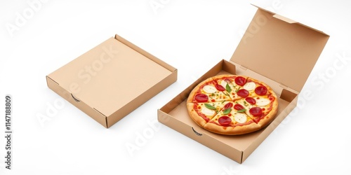 Pizza box corrugated package die cut mock up on white background, template, box