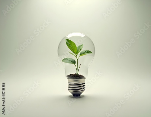 A green plant growing inside a glass light bulb, symbolizing sustainability and innovation, against a neutral background.