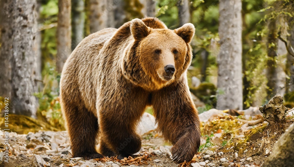 Brown Bear Walking Through a Forest in Search of Food Brown Bear Walking Through a Forest in Search of Food