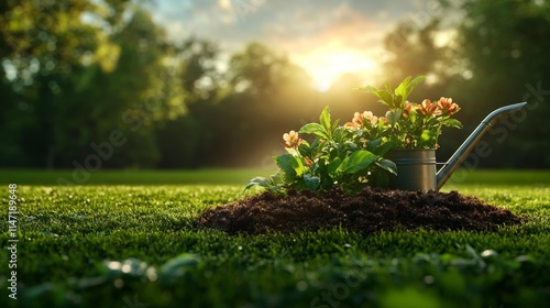 Garden Bloom with Flowers and Watering Can. Generative AI photo