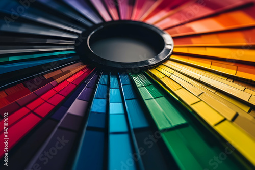 A circular array of color samples showcases a stunning gradient from bright to muted hues