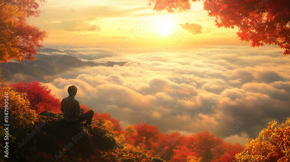 紅葉の山頂で静けさを楽しむ男性と朝日 紅葉の山頂で静けさを楽しむ男性と朝日
