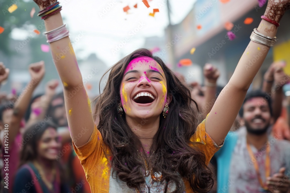 Obraz premium Happy woman celebrating a festival with hands raised in the air.
