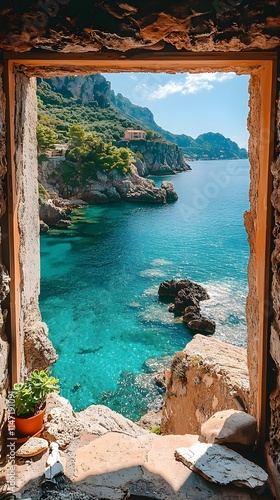 Wallpaper Mural Luxury stone window frames in Italy offer views of a rocky beach and teal blue Mediterranean waters Torontodigital.ca