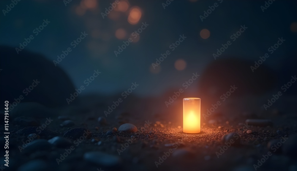 Fototapeta premium A single candlelight flickered over the rough expanse of sand, emitting a soft light that contrasted with the mysterious darkness of the night.